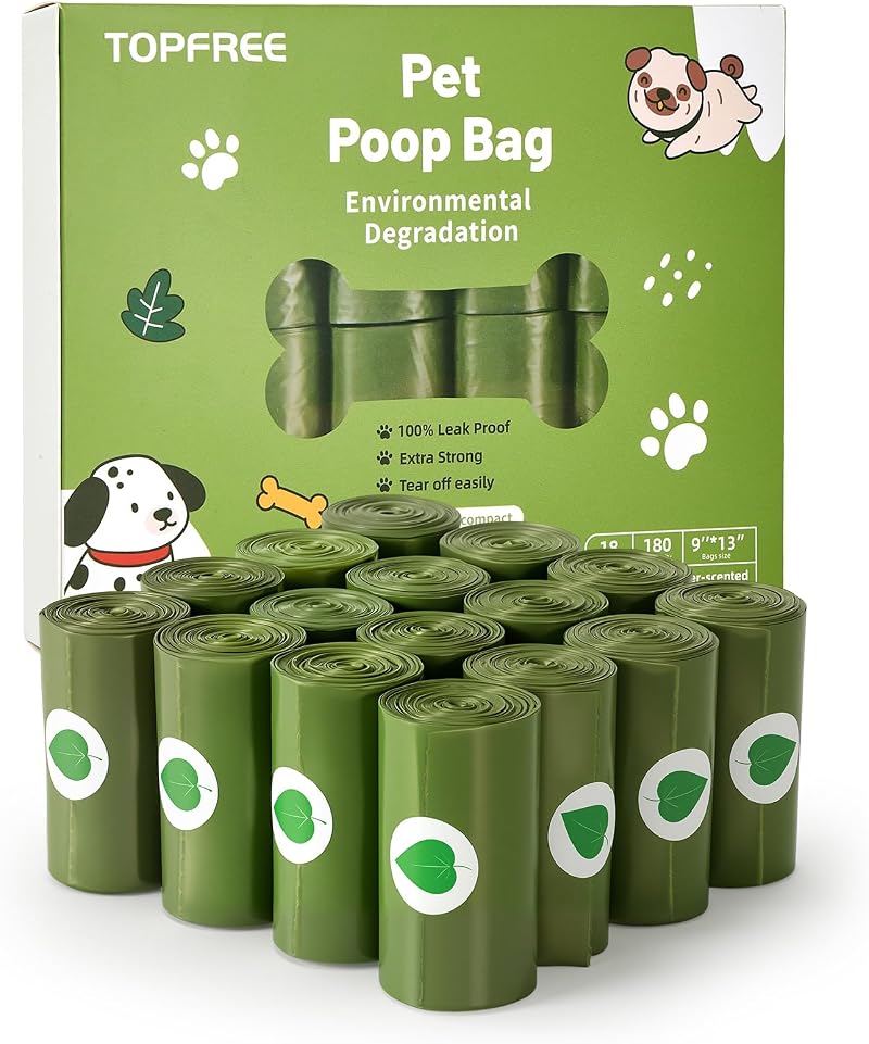 Topfree Poo Bags Dog Waste 18 Rolls 180 Bags Leak Proof Green