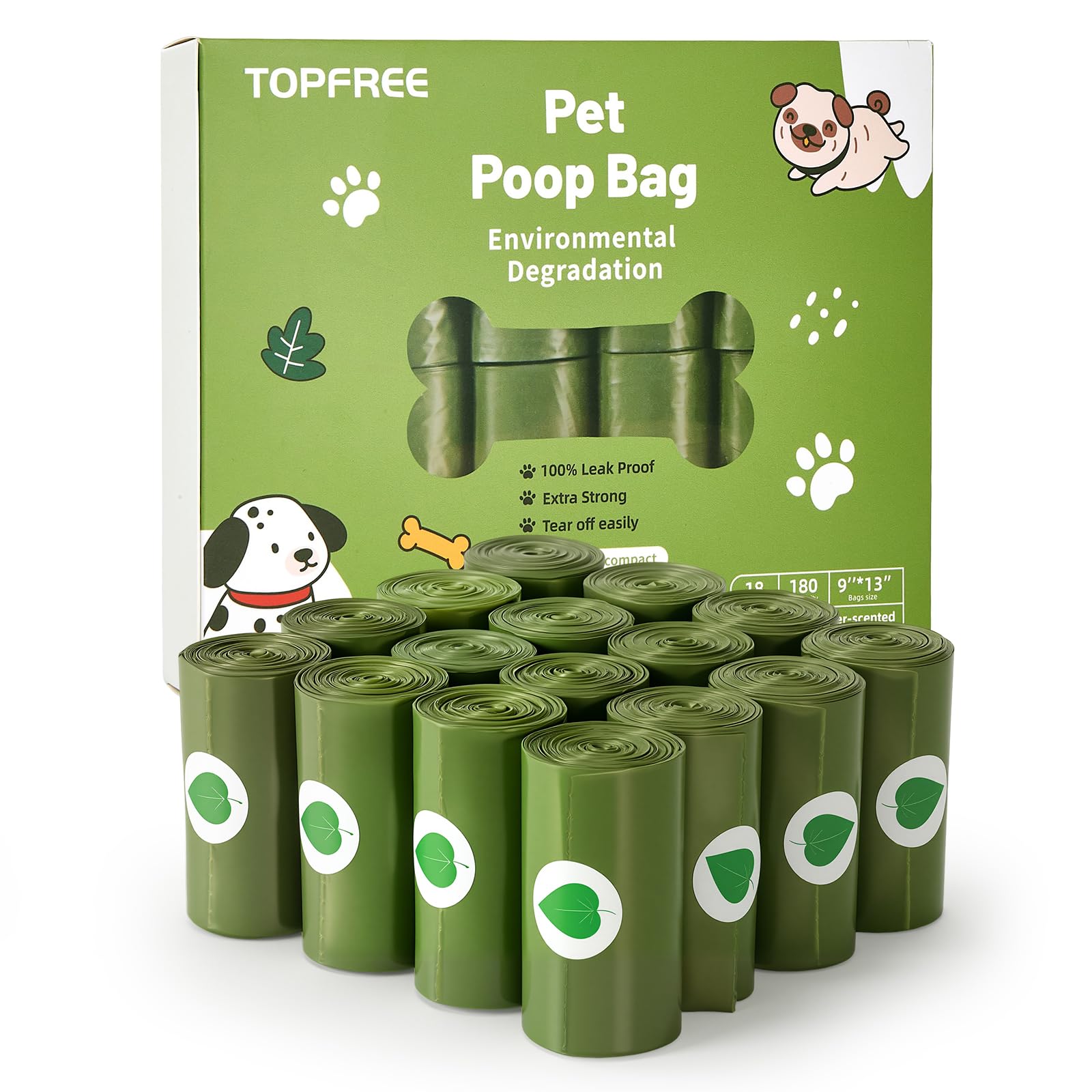Topfree Poo Bags for Dog Waste, 18 Rolls 180 Dog Poop Bags, Super Strong 100% Leak Proof Dog Poo Bags (Green)