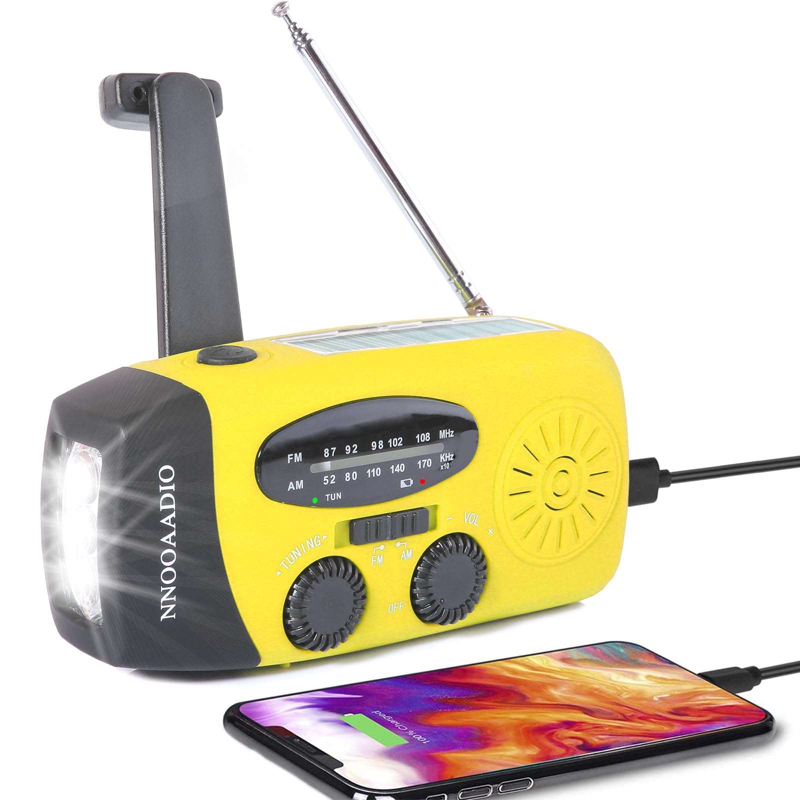 Wind Up Emergency Radio, Solar Hand Crank Survival AM/FM Weather Radio, with 2000mAh Power Bank Cellphone Charger, SOS Alarm, Bright Handheld Flashlight for Household and Outdoor Camping, Travel