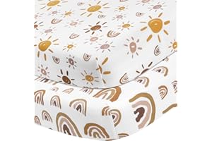 Babebay Pack N Play Sheets Fitted for Pack and Play Mattress and Mini Cribs, Jersey Knit Cotton for Natural Comfort Fitted for Baby Boys and Girls, Soft and Safe, 2 Pack (Rainbow and Sun)