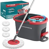 SONGMICS Spin Mop and Bucket Set with Pedal Wringer, 3 Microfiber Pads | Floor Cleaning Mop with Bucket, Adjustable Handle, 360&deg; Rotating Head, Gray and Red, CLEMAX Collection ULMB002GT03