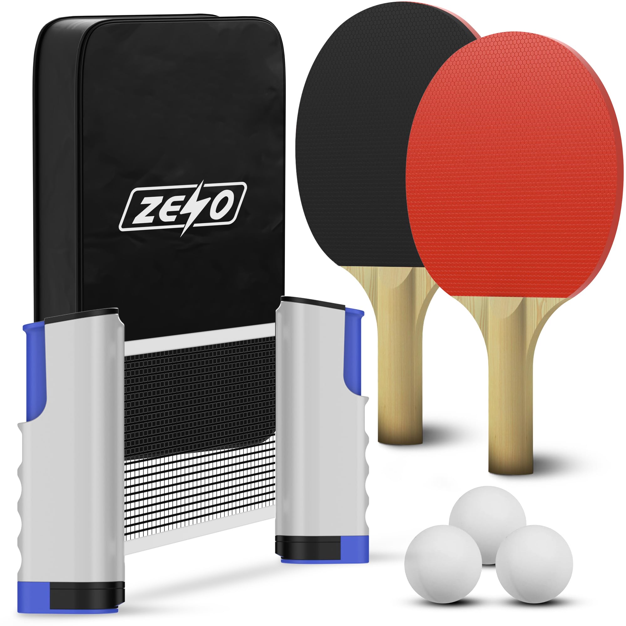 ZENO Portable Table Tennis Set | Ping Pong Set | 2 Premium Table Tennis Bats, All-in-One Kit with Retractable Table Tennis Net, 3 Ping Pong Balls & Storage Case | Great Gift Idea | Indoor/Outdoor Game