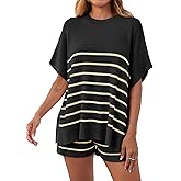 Fisoew Women's Striped 2 Piece Outfits Oversized Batwing Short Sleeve Tops High Waisted Shorts Summer Knit Lounge Short Sets