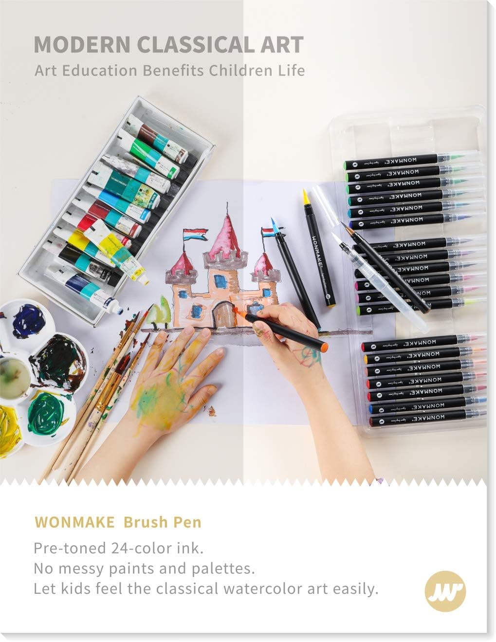 WONMAKE Pre-Toned Watercolor Paint Set for Kids, Brush Pens Washable Paint Brush Markers, Arts and Crafts Supplies for Kids, Used in Coloring | Drawing | Journal (24-color) : Office Products