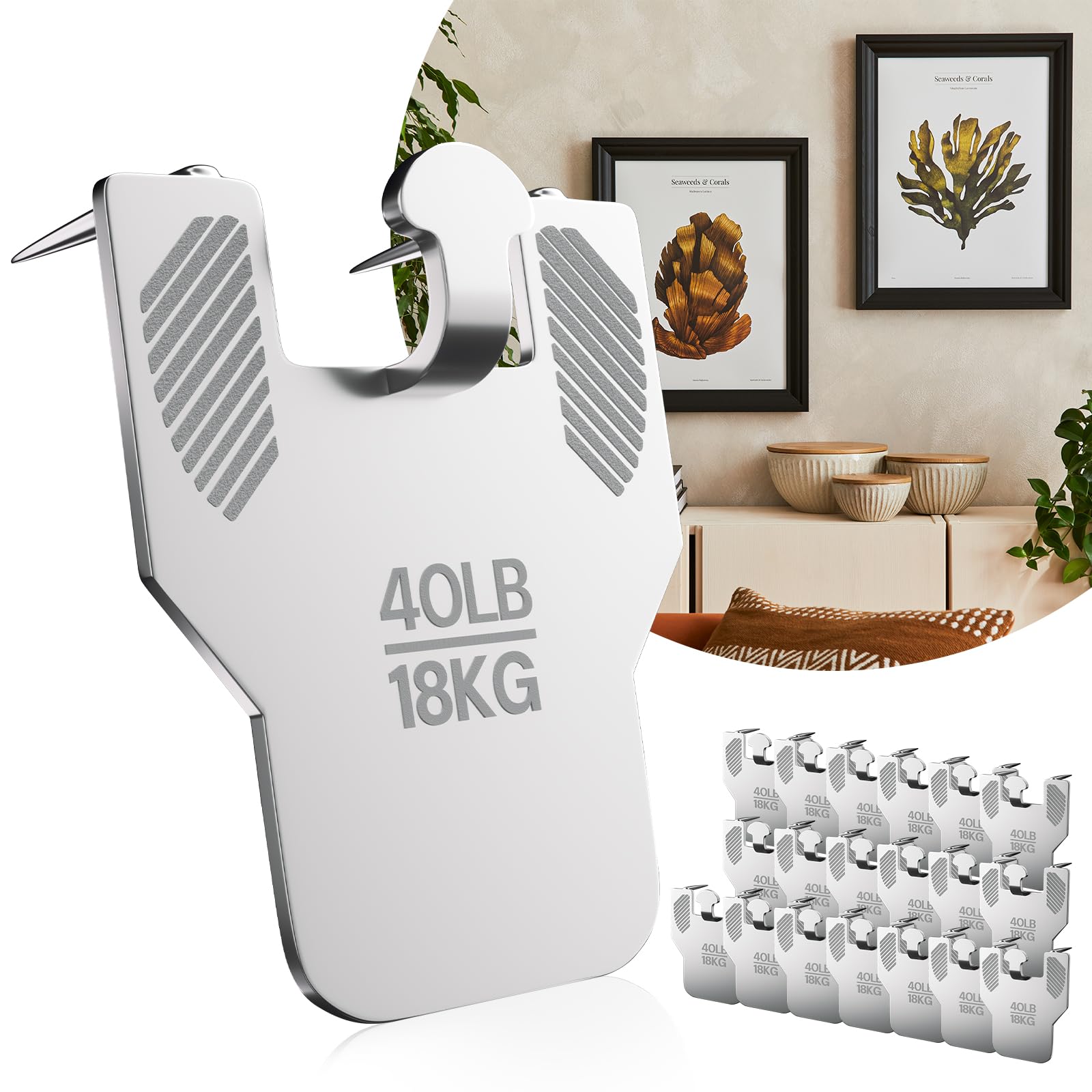 Photo 1 of 20Pcs Heavy Duty Claw Drywall Picture Hanger: Wall Hooks for Hanging Picture, Photo, Mirror, Poster, Art, Decor - No Damage Tool-Free Nail-Free Holds 40Lbs for Room Office Hardware Kit