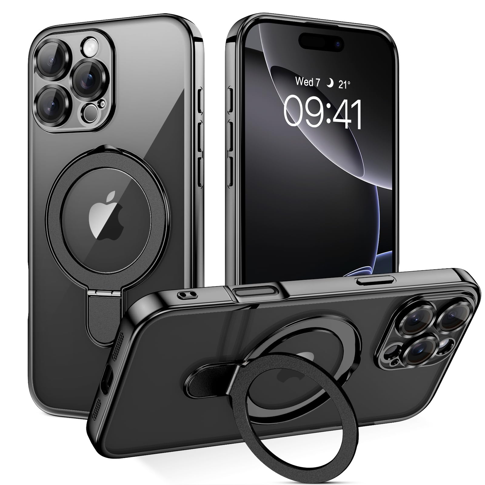GUAGUA for iPhone 16 Pro Case with Stand, Magnetic Clear Cases Plating Edge Invisible Ring Holder Slim Shockproof Protective Kickstand Phone Case for iPhone 16 Pro 6.3 inch, Black