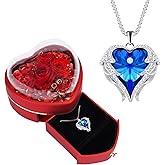 JLQPTX Preserved Rose with Angel Wings Necklace Gift Set for Women.Eternal Rose Gifts for Mom Grandma on Mother's day. Heart Shaped Preserved Rose Box Gift for Her on Valentine's day Anniversary.