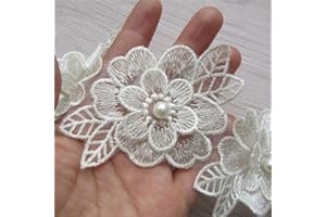 SHBBON 2 Yards 3D Flower Lace Trim Pearl Embroidered Polyester Lace Ribbon Fabric Applique Patchwork for Wedding Dress Handmade DIY Sewing Craft Supplies Decoration (Beige)