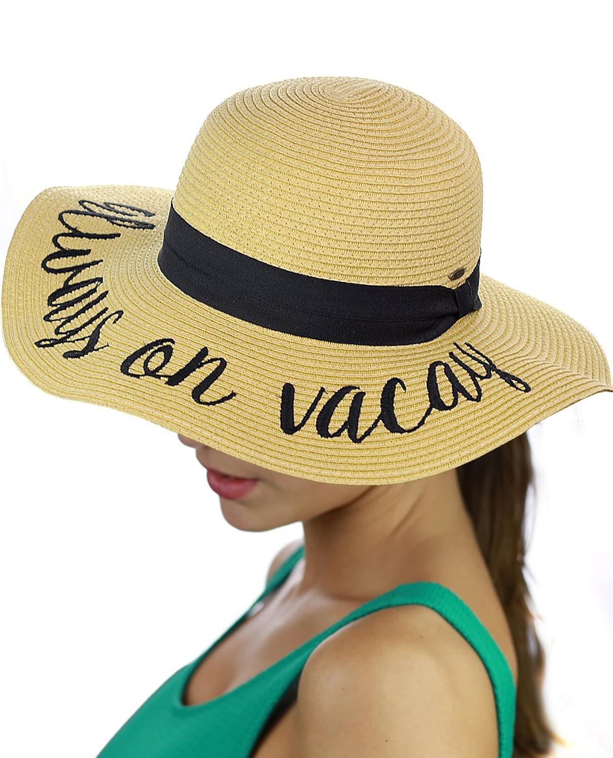 C.C Women's Paper Weaved Crushable Beach Embroidered Quote Floppy Brim Sun Hat
