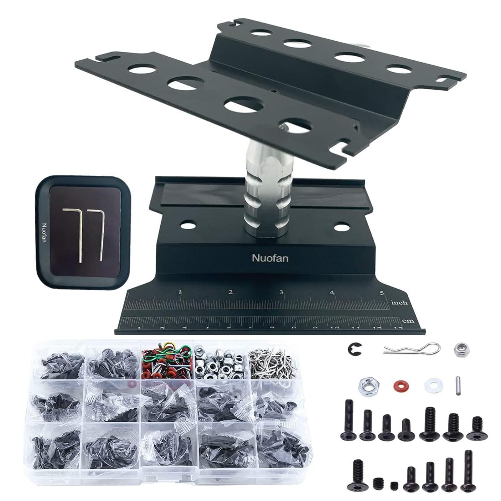 Aluminum RC Car Repair Work Stand Repair Tool Set 360 Degree Rotation and 610PCS RC Screws Kit for 1/8 1/10 1/12 1/16 1/18 RC Car Truck Scale Crawler (RC Work Stand+ RC Screws Kit) (Black)