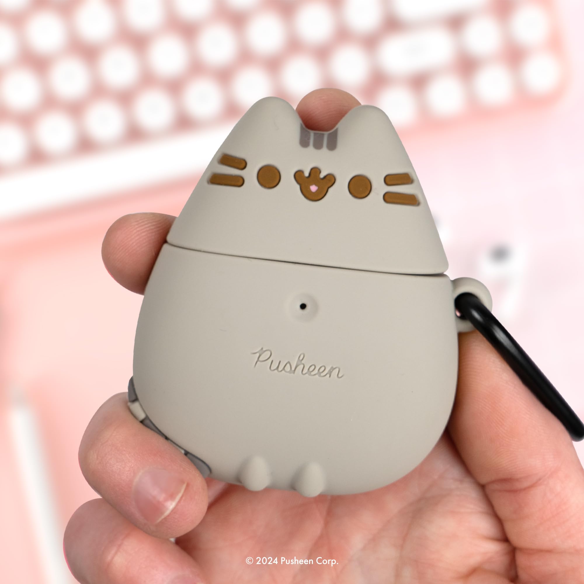 iFace x Pusheen Cute Silicone Protective Cover Designed for AirPods 1/2 Case [Carabiner Clip Included] [Wireless Charging Compatible] - Standing