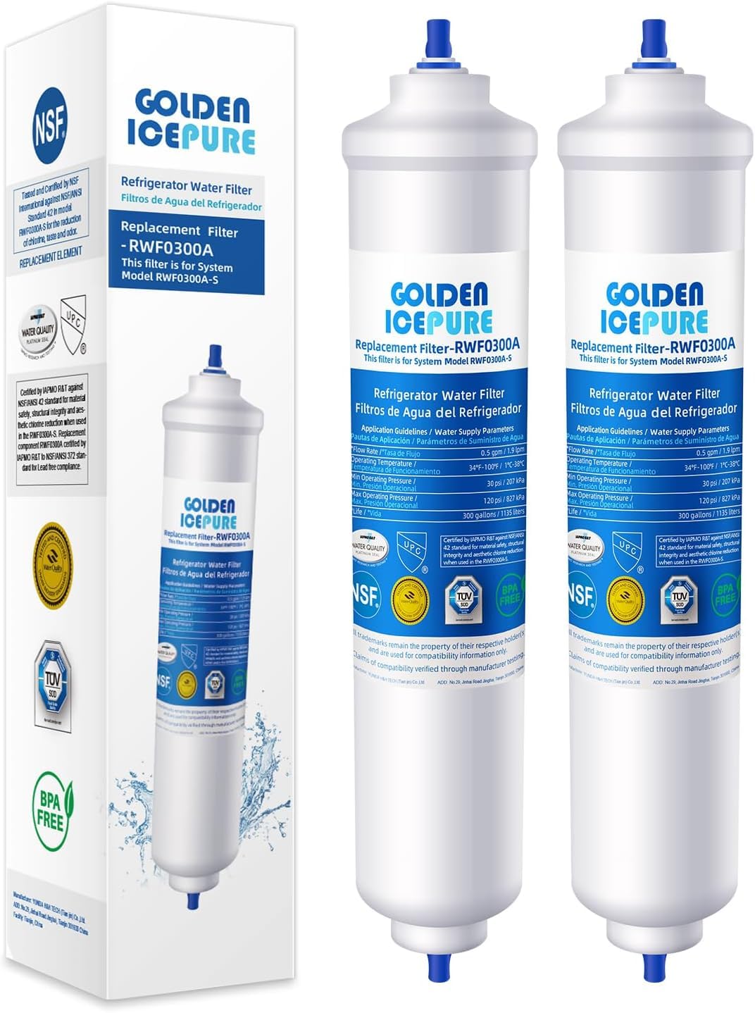 GOLDEN ICEPURE Refrigerator Water Filter Compatible with Samsung DA29-10105J, DA29-10105J HAFEX/EXP, DA99-02131B, WSF-100, EF9603, HAIER LG Inline Refrigerator, 2 Pieces