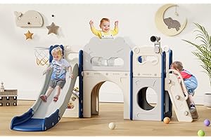 Babytronic Toddler Slide, 8 in 1 Kids Indoor Slide for Toddler 1-3, Indoor Outdoor Toddler Playground with Basketball Hoop and Telescope, Baby Slide Toddler Indoor Slide Playset(Blue&Gray)