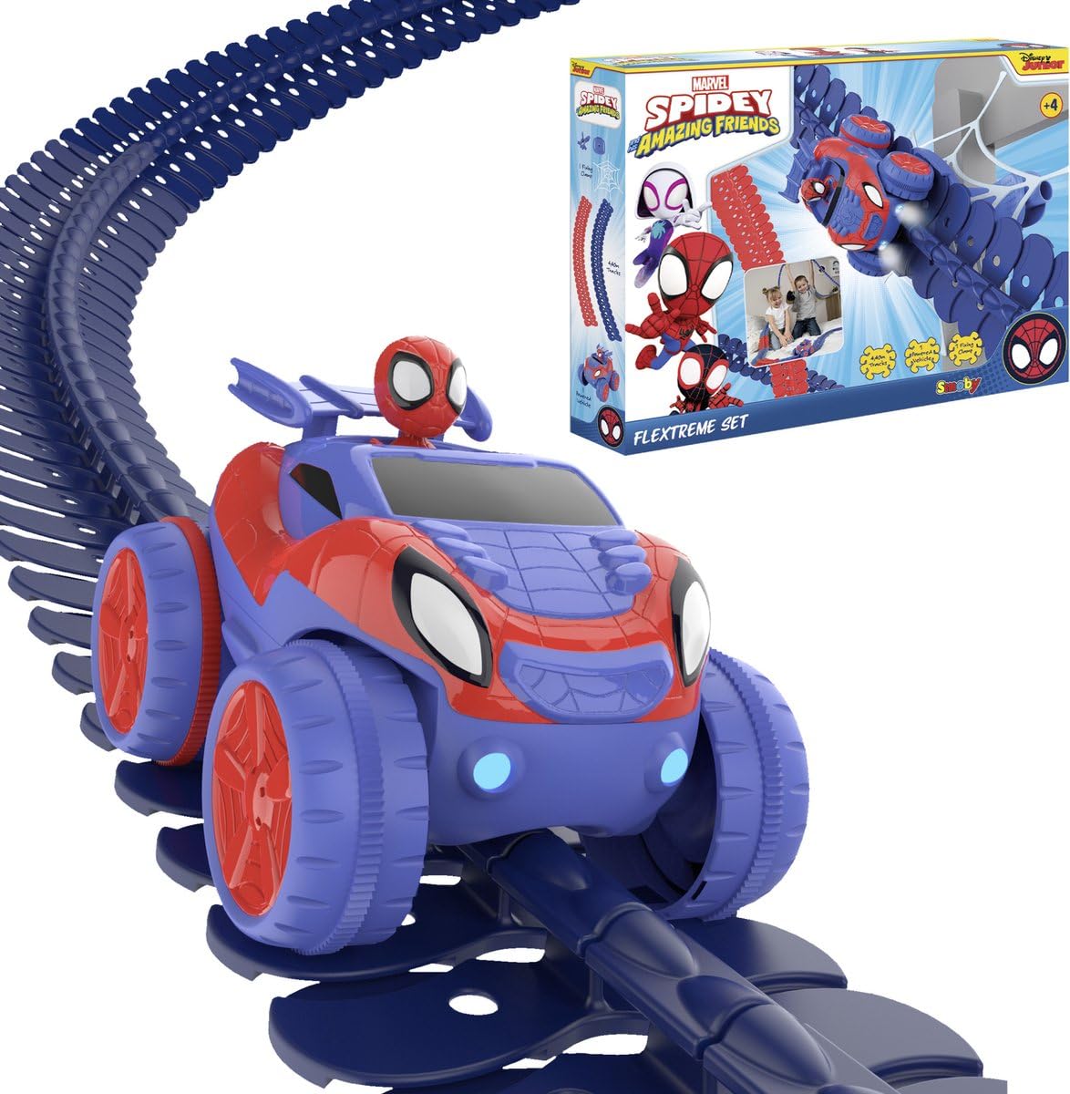 Smoby - Spidey - FleXtreme - 4m40 Car Circuit - 184 Flexible and Modular Tracks + 1 Spidey Vehicle with Light Effects - Batteries Included - From 4 Years Old