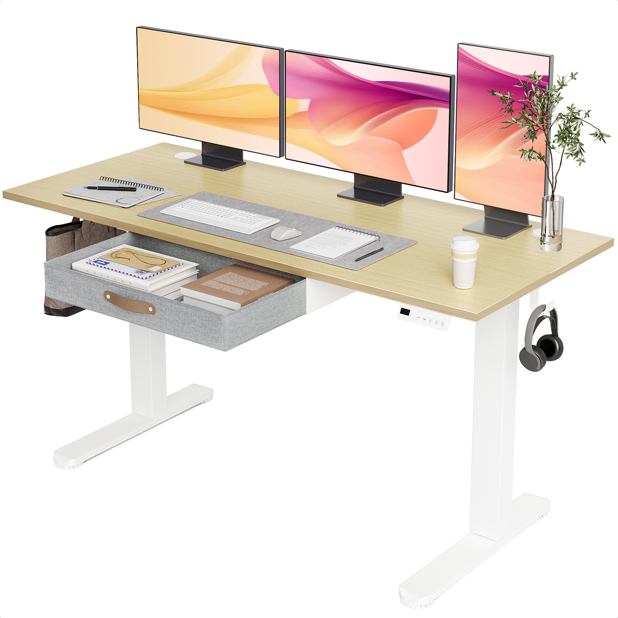 Photo 1 of ***FOR PARTS/SEVERELY DAMAGED** Seang Standing Desk with Drawer, 55" x 24" Height Adjustable Stand Up Desk, 3 Memory Height Settings with Cable Grommets & Storage Hooks, Ideal for Home & Office, Nature