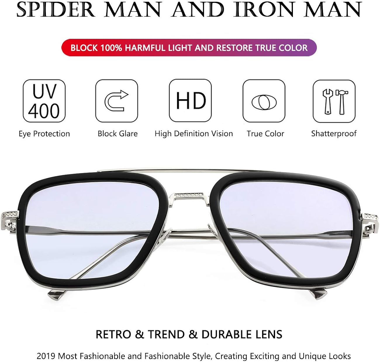 Tony Stark Sunglasses Vintage Square Metal Frame Eyeglasses for Men Women - Iron Man and Spider-Man Sun Glasses (Spider Man Same Color): Clothing