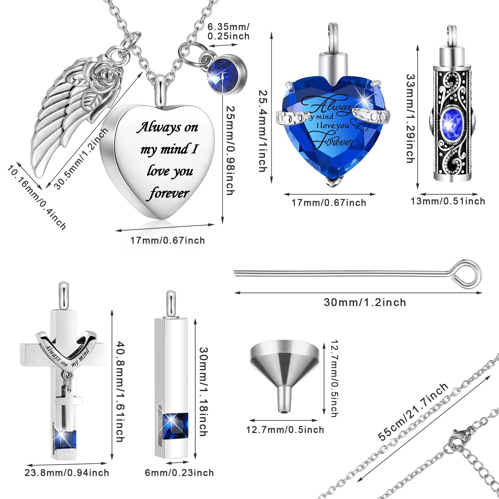 Fumete 5 Pcs Urn Necklace for Ashes Cremation Keepsake Necklace for Ashes of Loved Heart Cross Cubic Stainless Steel Memorial Locket Urn Keepsake Jewelry for Women Men, 5 Styles