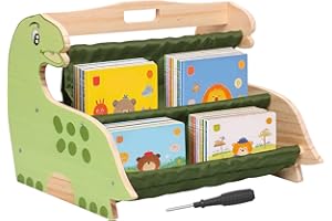 4 Tier Toddler Bookshelf for Kids, Wooden Montessori Bookcase with Deep Sleeves & Carry Handle, Portable Cartoon Design Book 