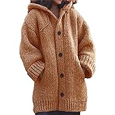 Nupucy Women's Chunky Button Down Knitted Cardigan Coats Winter Drawstring Thick Sweater Hoodies with Pockets