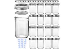 KAMOTA Mason Jars, 8 oz Glass Jars With Regular Lids and Bands, Ideal for Jam, Honey, Wedding Favors, Shower Favors,DIY Spice Jars, 16 Pack, Extra 16 Lids & 20 Whiteboard Labels