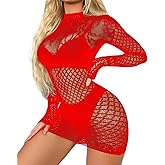 UAREBST Women's Lingerie Dress, Sexy Fishnet Chemise Babydoll Bodysuit, Summer Long Sleeve Teddy Dress, Women Sexy Mesh Top