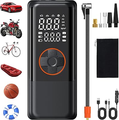 Tragbarer Dual Power ReifenfüllerAuto Luftpumpe, Digitalem Display & Automatischer Abschaltung für Auto SUV Motorrad Fahrrad Notfall & Reisen