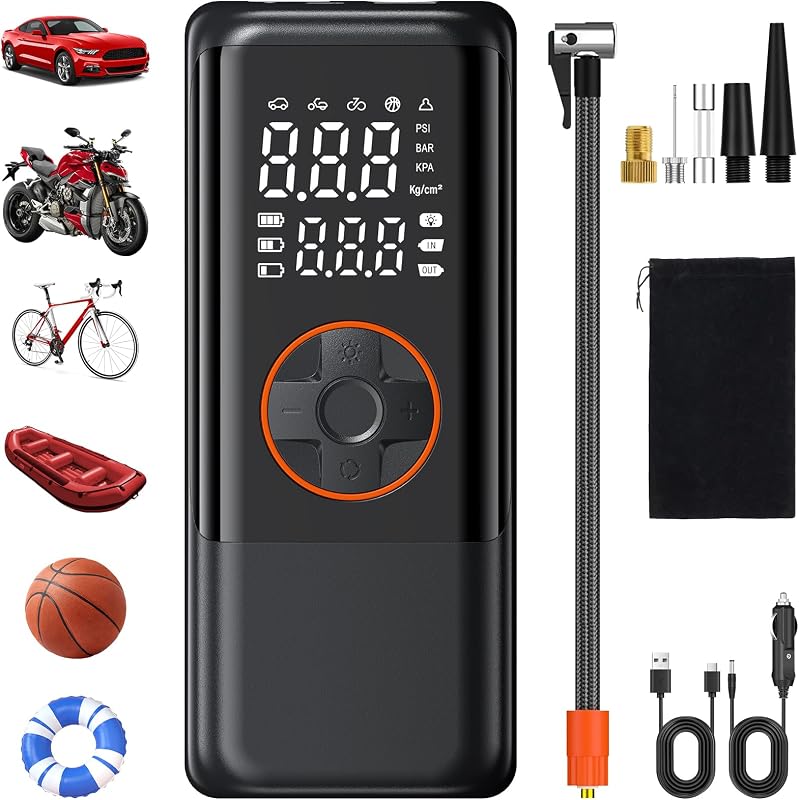 Tragbarer Dual Power ReifenfüllerAuto Luftpumpe, Digitalem Display & Automatischer Abschaltung für Auto SUV Motorrad Fahrrad Notfall & Reisen