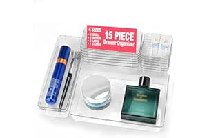 Comfylichi 15 Piece Clear Plastic Drawer Organizers Set - 4 Sizes Bathroom & Dresser Storage Bins, Stackable Kitchen Desk Organizer Trays for Makeup, Jewelry, Utensils, Junk, Gadgets