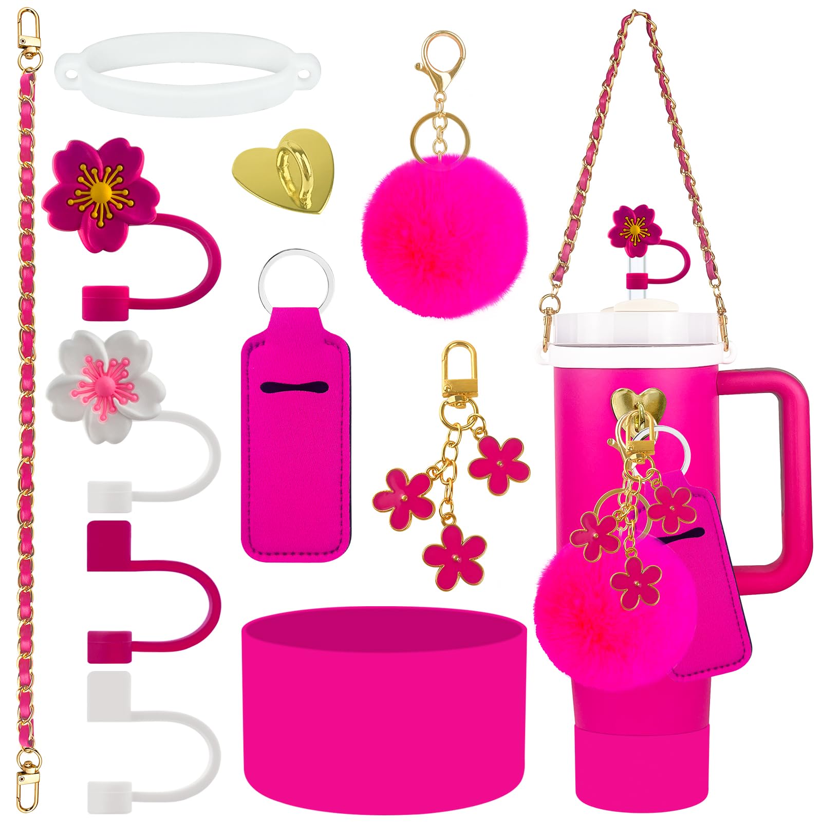 Photo 1 of Velaco 11 PCS Accessories for Stanley Cup, Water Bottle Handle Strap for Stanley 30/40 oz tumbler with handle, including Straw Toppers, Silicone Cup Boot, Keychain Charms - ROSE
