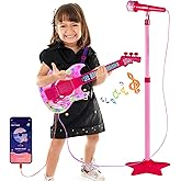 Guitar and Microphone Play Set for Girls,Karaoke Machine with Music&Light,Microphone Toys with Stand,Adjustable Height Guitar