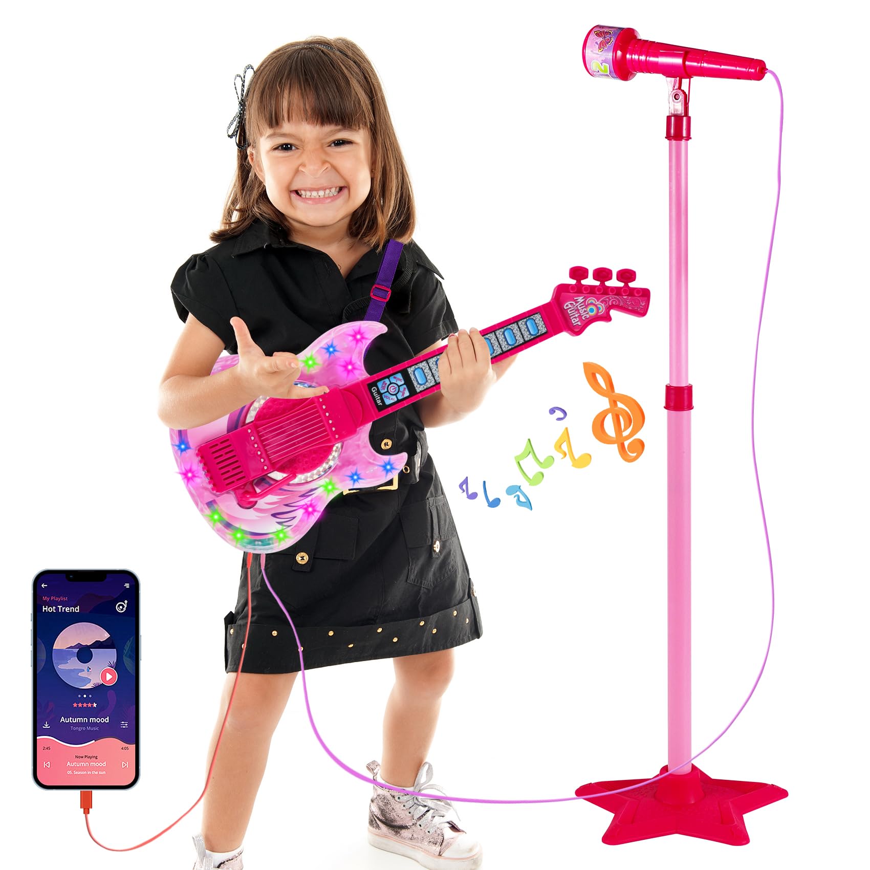 Photo 1 of Guitar and Microphone Play Set for Girls,Karaoke Machine with Music&Light,Microphone Toys with Stand,Adjustable Height Guitar Toys for Kids,Toddlers,Child(Red)