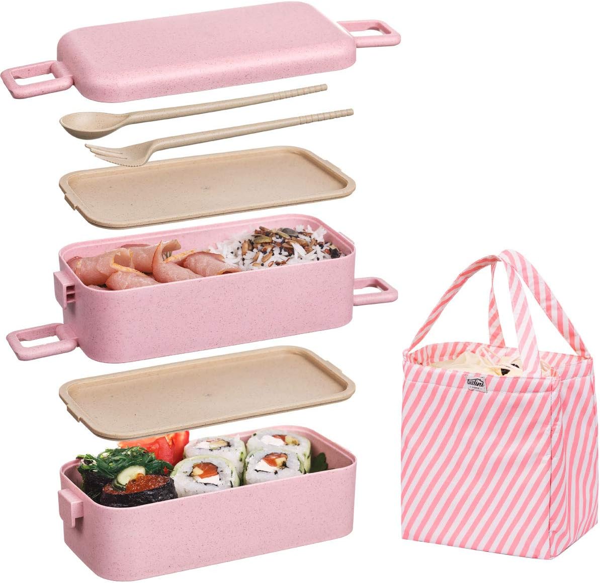 Lunch box 800 ml Bundle with Lunch bag Bento Box For Kids Leakproof Two Tier Lunch Box Microwave, Dishwasher Safe Bundle With Chopsticks, Utensils, Food Containers For Adults Meal Prep … (Pink Bundle)