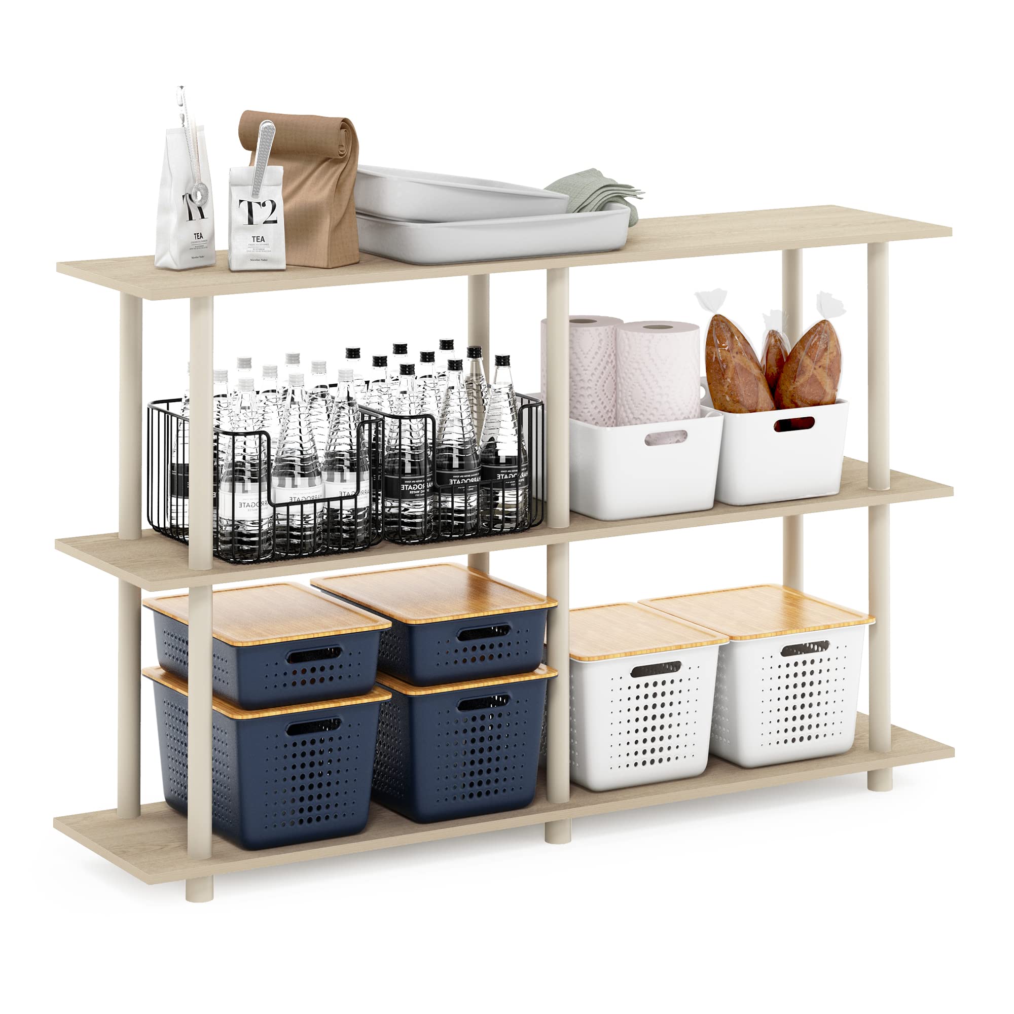 Furinno Turn-N-Tube No Tools 3-Tier Rectangle Side Display Rack, Bauhaus Oak/Beige Plastic Pole 2 x 2