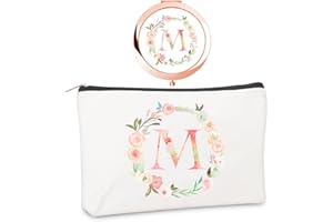 BOUTIKPRO Personalized Gift Initial Compact Mirror w Makeup Bag for Women Sister Daughter Mom Wife, Floral Monogram Alphabet Small Mirror Ideal Gift on Birthday, Christmas, Graduation (M + Bag, ROSE GOLD)