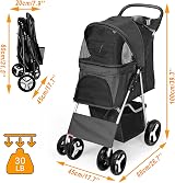 display4top Pet Travel Stroller Dog Cat Pushchair Pram 4 Wheels Black view 2