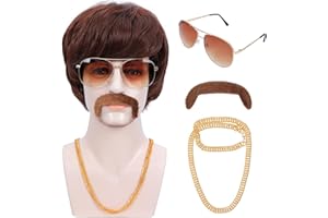 Bettecos 70s 80s Costume Wigs for Men with Mustache Glasses and Chain Short Brown Shaggy Disco Wig for Singer Rocker Hippie Retro Cosplay Halloween Party