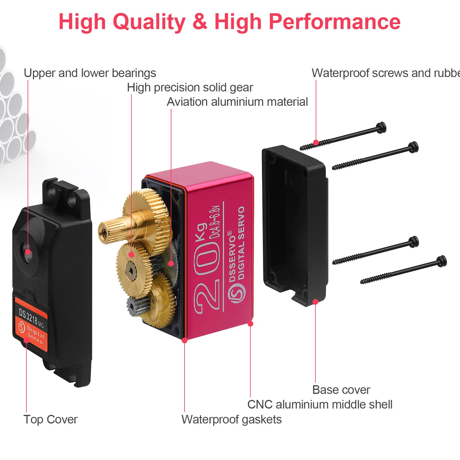 20KG RC Servo High Torque Servo Motors, Waterproof Full Metal Gear Steering Servo with 25T for 1/6 1/8 1/10 1/12 RC Car Robot DIY, Digital Servo with 25T Servo Horn, Control Angle 270°