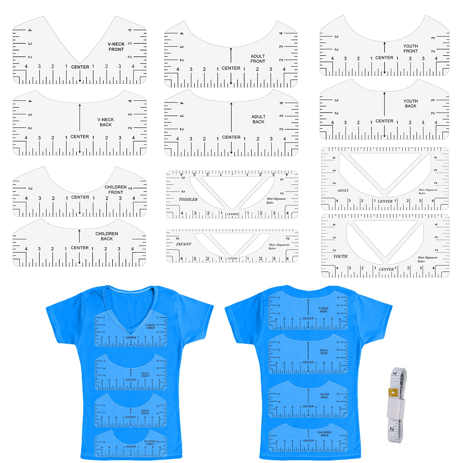 LncBoc 12 Pieces T-Shirt Alignment Tools Transparent T-Shirt Ruler with Guide Tool for Designing Clothing Back and Front, Tshirt Ruler Guide Tool Set for V-Neck