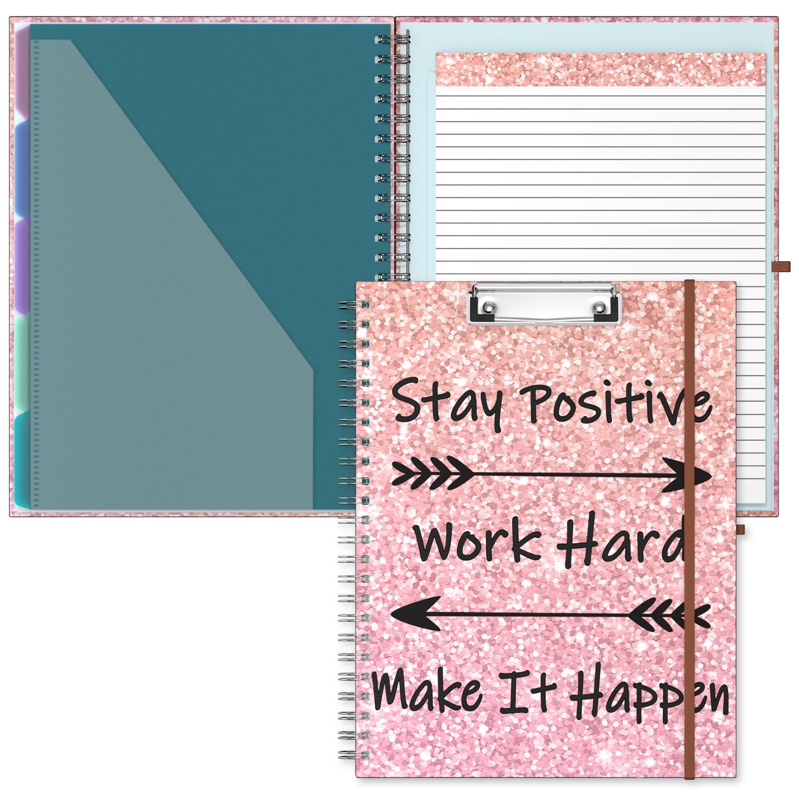 Hnogri Clipboard Folio with Refillable Lined Notepad, Clipboards with 5 A4 Folders Storage 10 Pockets, Spiral Clip Board Portfolio, Size 12.8" x 9.7", Office Supplies, School Supplies, Cute Work Hard