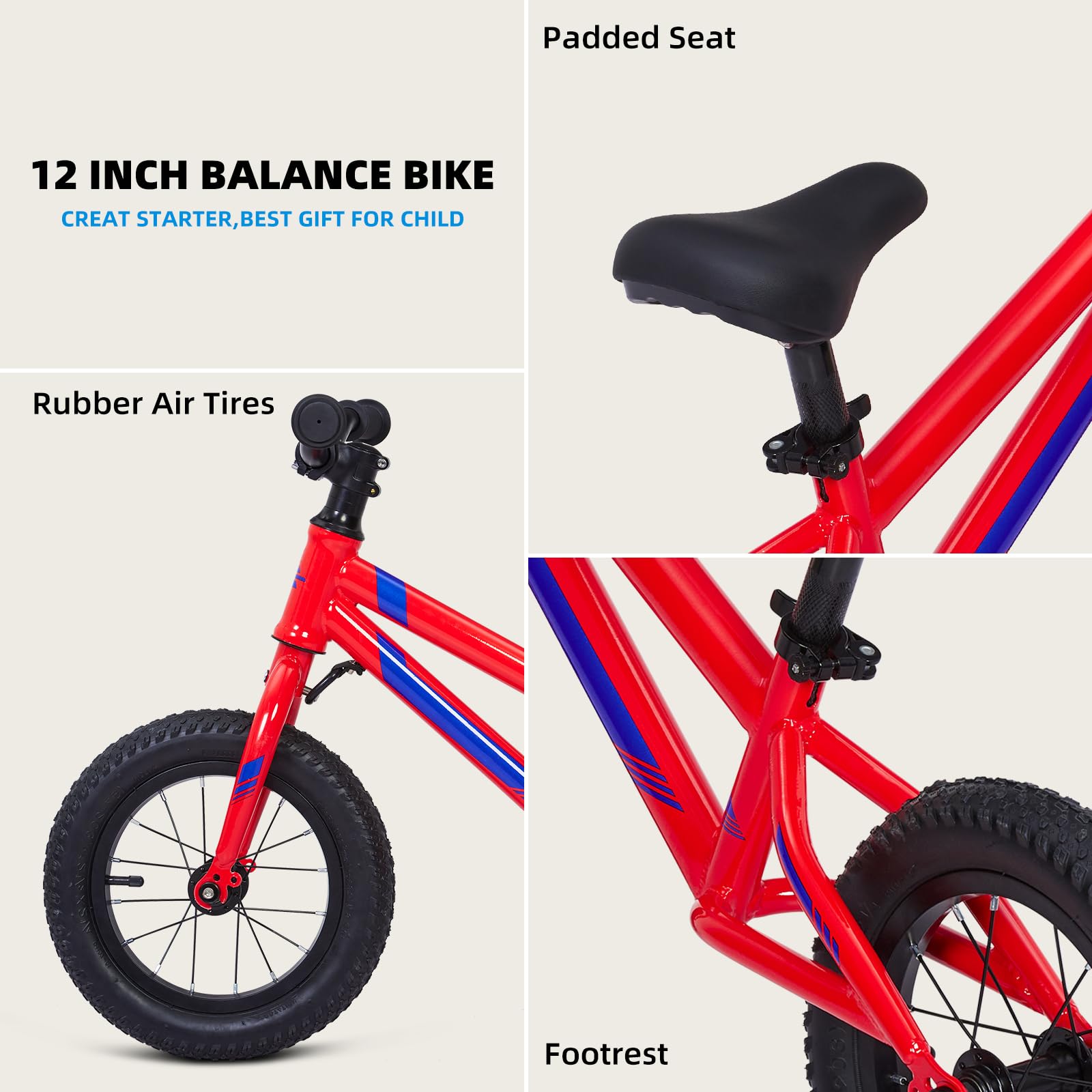 Balance Bike Lightweight Toddler Bike for 14 Year Old Boys and Girls - No Pedal Bikes for Kids with Adjustable Handlebar and seat - Aluminium, EVA Tires - Training Bike Red