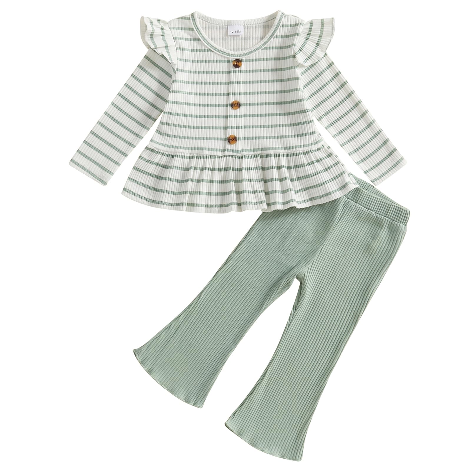 Photo 1 of Mubineo Toddler Baby Girl Clothes Cute Ribbed Outfits Knit Long Sleeve Shirt Tops Bell Bottom Pant Fall Winter Outfit (Green Striped, 4-5T)