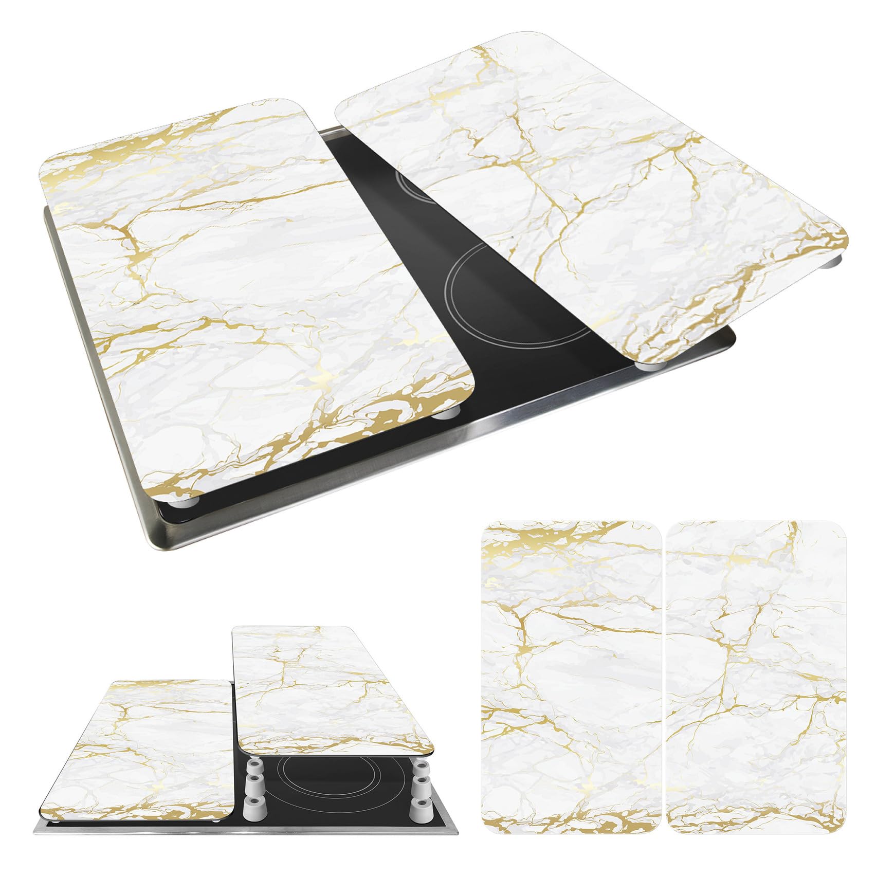 WENKO 53901100 Universal Marble Gold, Set of 2 Hob Covers for All Types of Cookers, Tempered Glass, 30 x 52 cm — image 1