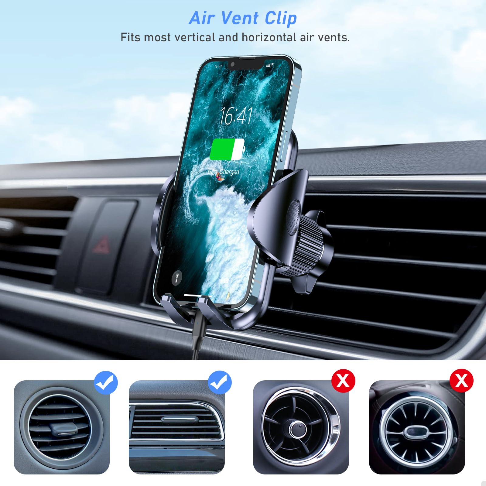 Blukar Car Phone Holder, Adjustable Car Phone Mount Cradle 360° Rotation - 4 in 1 Super Stable for Dashboard/Windscreen/Air Vent, One Button Release for All 4.7 to 6.7 inch Smartphones