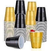 100 Pack Black & Gold Plastic Cups - 12 Ounce Disposable Plastic Cups for New Year Parties Picnic BBQ Birthday and Wedding