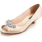 ERIJUNOR Women Comfort Low Kitten Heels Rhinestones Peep Toe Wedding Evening Party Shoes Dress Pumps