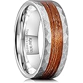 King Will 8mm Mens Silver/Black Tungsten Carbide Ring for Men Nature Koa Wood Inlay/Galaxy Opal Inlay Wedding Bands Hammered Multi-Faceted Wedding Band