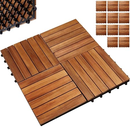 Deuba 11x Holzfliesen Akazie | FSC®-zertifiziertes Akazienholz | 1m² Fliese 30x30 cm Stecksystem Mosaik | Zuschneidbar Terras