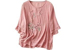 KICILVS Womens Cotton Linen Shirt Embroidered Floral Tops 3/4 Sleeve Crew Neck T Shirts Casual Summer Loose Tops Blouse