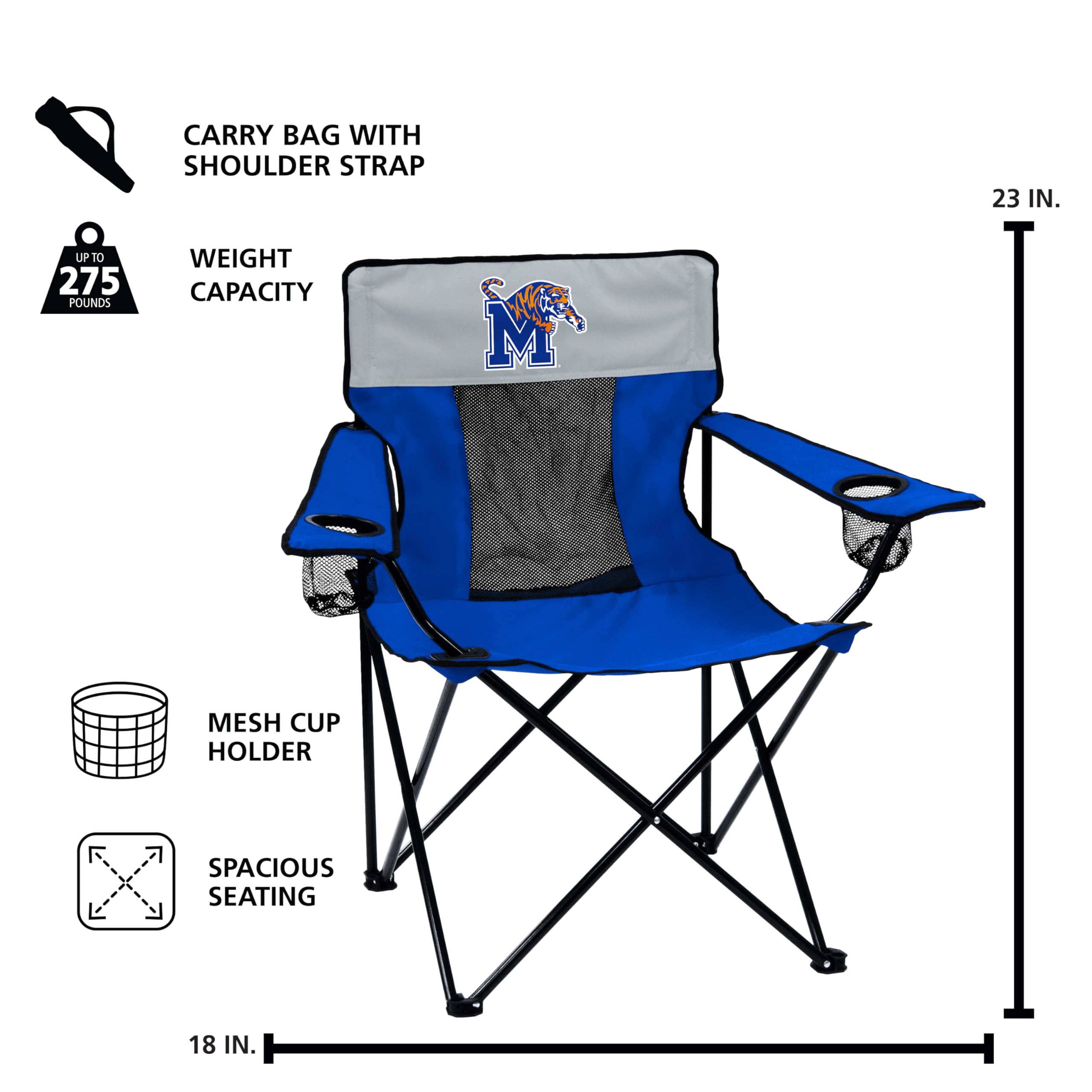 Logo Brands NCAA Memphis Tigers Elite Portable Chair - Premium Outdoor Chair with Cup Holder, Powder-Coated Steel Frame, Lightweight and Portable for Tailgating,and Sporting Events