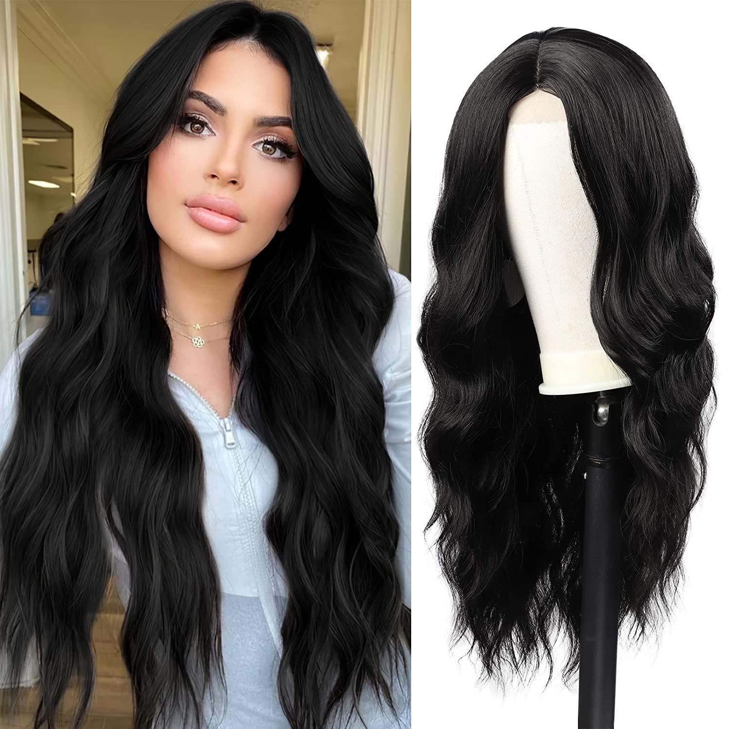 Long Black Wavy Wig for Women 24 Inch Middle Part Curly Synthetic Hair Natural Looking Heat Resistant Fiber for Daily Party Use (Black)
